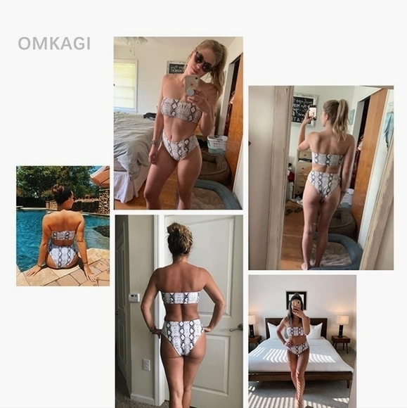 Two Piece Bandeau High Waist Cheeky Bikini Monochrome Spotted Swimsuit - Picture 2 of 5